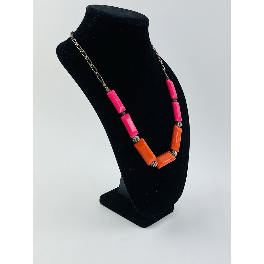 J. Crew Pink Orange Pave Crystal Bead Necklace Balls Gemoetric Elongated Y2k 80s - Picture 2 of 15